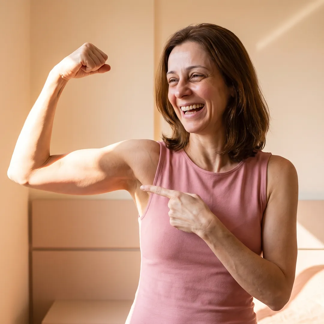 A mesma mulher mostrando o braço firme e sorrindo