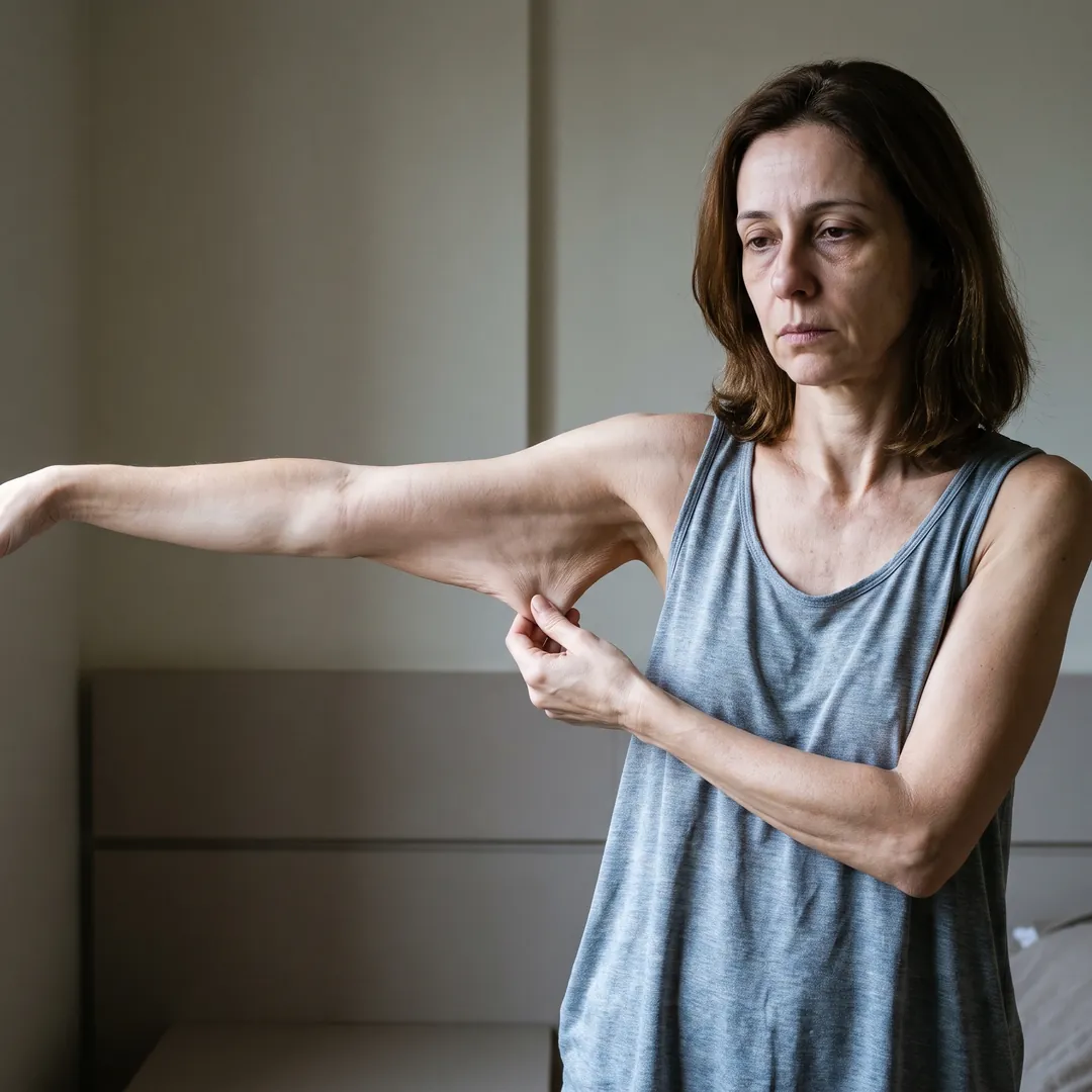 Mulher puxando a pele solta embaixo do braço
